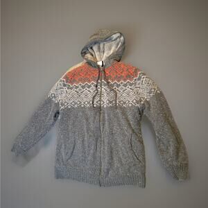 Columbia Wool Blend Nordic Fair Isle Full Zip Hoodie Sweater Gray Red Medium